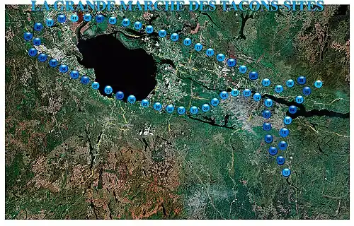 Superposition sur une image satellite Landsat du territoire Saguenay—Lac-Saint-Jean (Québec, Canada) des 60 sites traçant le dessin de l'emblème animalier où sont installés les Tacons Sites.