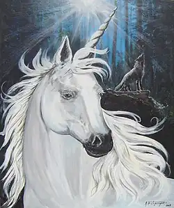 Image représentant une tête de licorne, au fond un loup hurlant à la lune