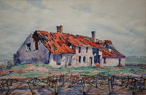 La Maison bombardée (1917), aquarelle sur carton, 26&nbsp;×&nbsp;39&nbsp;cm, localisation inconnue.