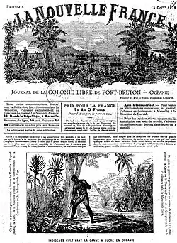 Première page du journal La Nouvelle France du 18 octobre 1879, publié par Charles du Breil du Rays vantant son projet de « colonie libre de Port-Breton ».
