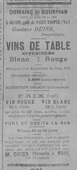 Publicité pour l'un des domaines de Gassin, en 1903