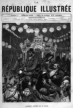 Dessin montrant un homme dans un carrosse, saluant de son chapeau la foule qui l'acclame.