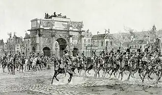 Napoléon passant en revue ses troupes devant l'arc de triomphe du Carrousel en 1810, eau-forte d'Auguste Boulard (fils) d'après François Flameng, 1901.