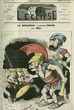 Un homme jette une galette à un chien à trois têtes tandis qu'un autre homme dégaine son épée.