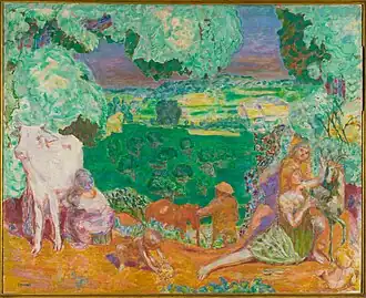 Tableau représentant un paysage luxuriant avec au premier plan des personnages allongés et une femme trayant une vache.