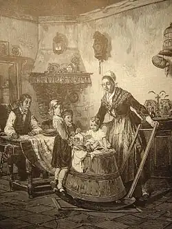 Usage ludique d'une baratte à bascule. Gravure de Corneille Petit, XIXe&nbsp;siècle.