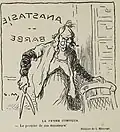 Une vieille femme à lunettes debout tient de grands ciseaux et à la main sur un siège. Derrière elle sur une vitre est écrit à l'envers : « Anastasie. Barbe ». Légende : « Le premier de ces messieurs ! ».