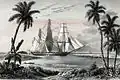 La frégate L'Artémise entrant à Tanoa, après son échouage, gravure d'après François-Edmond Pâris, publiée en 1839