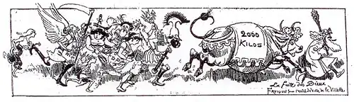 Gravure figurant un bœuf gras et divers personnages costumés courant