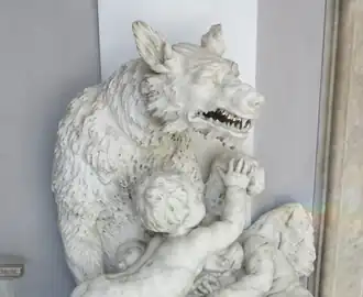 La Louve avec Romulus et Rémus, sculpture de Francesco Biggi et Domenico Parodi&nbsp;(it) au Palazzo Rosso de Gênes, Italie.