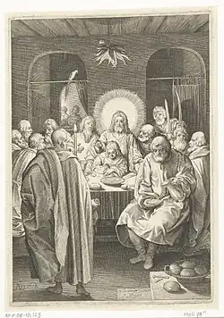 Nicolaes de Bruyn&nbsp;(en), La Cène, gravure, 1618, Rijksmuseum.