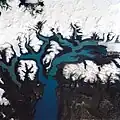 Vue satellite partielle du lac Argentino (partie occidentale) avec différents glaciers plongeant dans les bras du lac.