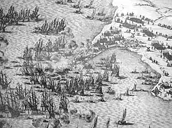 Extrait de la gravure de Jacques Callot datée de 1630, montrant le débarquement anglais de 1627.