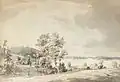 Paysage avec des maisons près d'un lac à Kråknäs (1792)