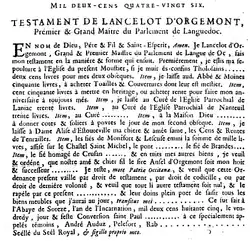 Testament de Lancelot d'Orgemont, 1286. L'installation d'un véritable Parlement à Toulouse en 1273 présidé par un certain Lancelot d'Orgemont est contestée. L'original du document présenté ici pourrait dater du XVe&nbsp;siècle.