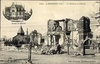 Le château détruit et l'église provisoire