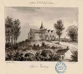 L'ancienne église de Launoy perchée sur les hauteurs du village en 1878 (dessin d'Amédée Piette).