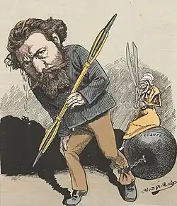 Page de titre verticale montrant en noir et blanc un homme tenant une plume, titrant un boulet attaché à sa cheville par une chaîne. Sur le boulet, une vieille femme est assise.