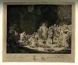 Même composition que l'originale de Rembrandt, mais inversée verticalement : la foule des pharisiens est à droite et celle des pauvres à gauche.