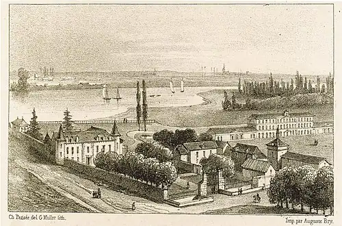 Lithographie en noir et blanc représentant un château et au second plan, un cours d'eau très large.