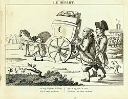 Caricature en noir et blanc montrant deux hommes marchant derrière une charrette remplie, un chien leur urinant dessus.