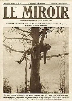 Une du no&nbsp;54, 6 décembre 1914 : corps d'un lieutenant allemand dans un arbre.