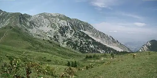 Alpages et, en arrière-plan, une crête qui s'abaisse vers la plaine.
