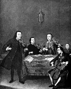 peinture : deux violonistes, un altiste, un violoncelliste et un claveciniste en concert