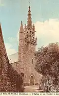Le Roc-Saint-André ː l'église Saint-André et son clocher vers 1925 (carte postale).