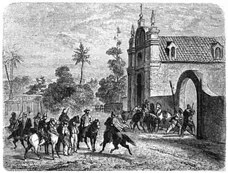 Les soldats d'Ibarra. Gravure d'Horace Castelli, Le Tour du monde, 1er janvier 1861.