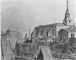 Dessin en niveaux de gris représentant des toits avec une église à droite.