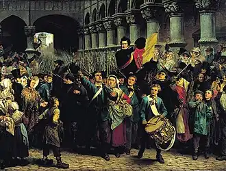 Peinture où un&nbsp;cavalier brandissant l'étendard aux couleurs liégeoises (rouge et jaune) sur lequel figure l'inscription "Vaincre ou mourir pour Bruxelles" mène la foule, composée de notables comme de personnages populaires. Ce regroupement comporte aussi&nbsp;de nombreux hommes armés qui se mettent en marche et, en avant-plan, un jeune homme qui est en tête de cortège et qui bat le tambour d'infanterie.