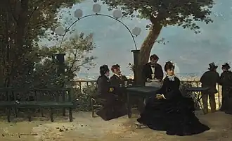 Le Goûter sur la terrasse, non daté, huile sur toile, 57&nbsp;×&nbsp;91&nbsp;cm, Londres Sotheby's.