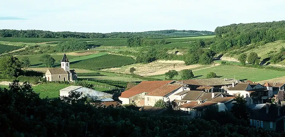 Vue partielle du hameau de Fissy. Isolée sur sa butte : la chapelle Notre-Dame-de-Pitié.