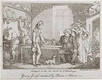 Dessin noir et blanc. Ue pasteur est assis dans une cuisine, un homme est debout penaud ; des servantes s'affairent.