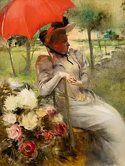 Le parasol rouge, peinture d'Edgard de Montzaigle.