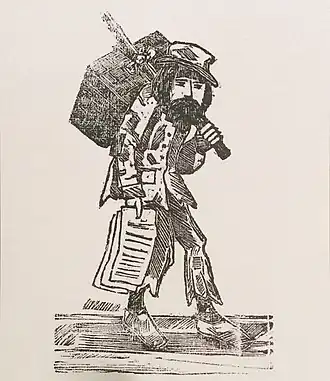 "Le philosophe Grosperrin vendant sa complainte", caricature (gravure sur bois) par Jean-Baptiste Côté, Journal La Scie (Québec), samedi 21 janvier 1865, p.&nbsp;1