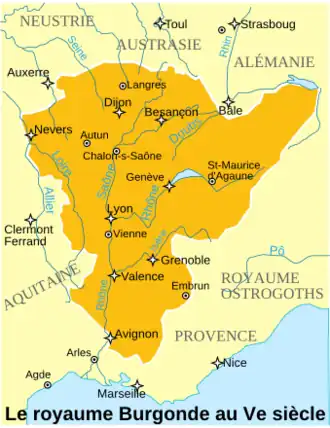 Le royaume des Burgondes et la Provence au sein du Royaume ostrogoth au Ve&nbsp;siècle.