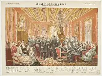 Dessin montrant de nombreuses personnes dans un salon littéraire luxueux.