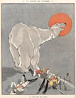 Caricature d'un ours et soldats morts.