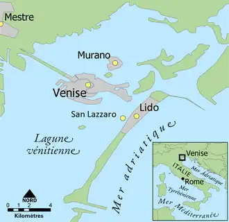 Carte couleur montrant l'emplacement de San Lazzaro, entre Venise et le Lido.