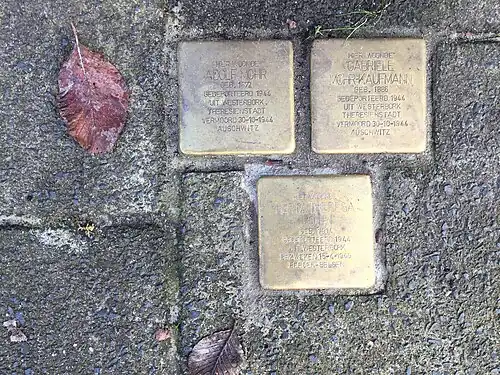 Stolpersteine (pavés de mémoire) à Leyde par rapport à Adolf Mohr (1872-1944), Gabriele Mohr-Kaufmann (1886-1944) et Herta Mohr (1914-1945).