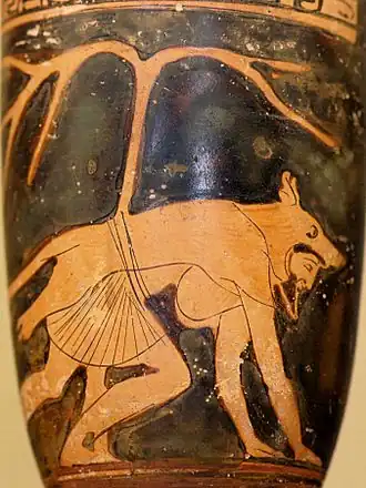 Dolon vêtu de sa peau de loup. Lécythe à figures rouges. Vers 460 av. J.-C. Musée du Louvre.