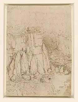 Dessin crayonné représentant un ravin avec de nombreux rochers.