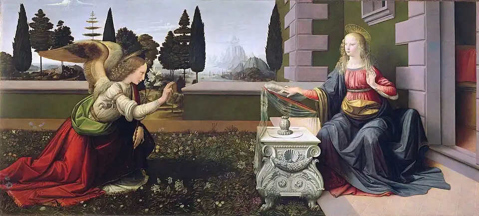 L'AnnonciationAtelier de Verrocchio, panneau attribué à Léonard de Vinci jeune. Entre 1472 et 1475. Tempera sur bois, L. 2,17 m.Galeries des Offices