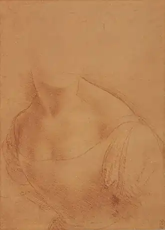 Dessin crayonné de rouge d'un buste féminin.