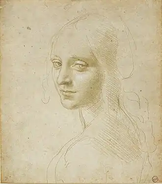 Dessin du portrait en buste d'une jeune femme dont le visage tourné par dessus l'épaule gauche fait face.
