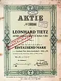 Action de 1000 marks de Leonhard Tietz AG du 28 mai 1920