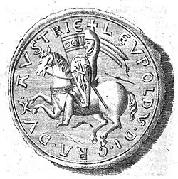 Dessin en gris montrant un chevalier armé à cheval dans un disque avec une légende