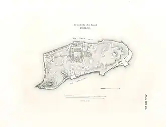 Carte du milieu du XIXe&nbsp;siècle de l'ancienne île de Philæ et de ses temples.